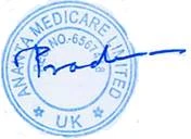 Sello circular azul con la inscripción ANANTA MEDICARE LIMITED UK y el número NO-6567, firmado con bolígrafo azul