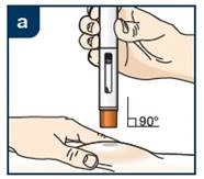 Mano sosteniendo una jeringa en un ángulo de 90 grados, introduciendo la aguja en la piel del antebrazo, indicando el ángulo de inyección directa
