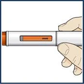 Mano sosteniendo una pluma inyectable con ventana naranja del indicador de dosis, lista para administrar el fármaco