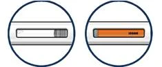 Dos ventanas circulares muestran la escala de dosificación: a la izquierda, un indicador gris sobre fondo blanco; a la derecha, un indicador naranja sobre fondo blanco