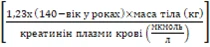 Formula for dose calculation: 1.23 multiplied by the difference of 140 minus age in years, multiplied by body weight in kilograms, divided by plasma creatinine in micromoles per liter