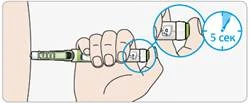 Una mano tiene una penna siringa, inserendo l'ago nella pelle, un ingrandimento mostra la pressione del pulsante e un timer di 5 secondi per la somministrazione della dose