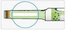 Penna siringa con corpo verde e bianco, con una finestra visibile per controllare il livello della soluzione, indicata da un cerchio blu