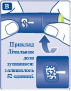 Рука держит ручной шприц, указательный палец нажимает кнопку для увеличения дозы, на дисплее отображено 52 единицы инсулина