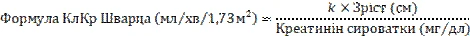 Schwartz CrCl formula for calculating creatinine clearance in children: k multiplied by height in centimeters divided by serum creatinine in mg/dL