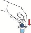 A hand pressing the plunger of a syringe, injecting liquid from an ampoule, a red arrow indicates the downward pressing direction