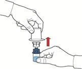 Hands opening a medicine bottle by pulling the stopper upward, a directional arrow indicates the motion for opening the container