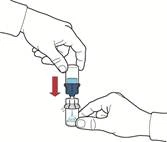 Two hands inserting a syringe needle into an ampoule with medication, a red arrow indicates the direction of plunger pressure to draw in the solution