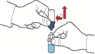 Hands inserting a syringe needle into a medicine vial, red arrows show the direction of upward plunger movement and needle rotation