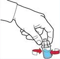 A hand unscrewing the cap from a medicine vial, red arrows indicate the rotational direction for opening the cap