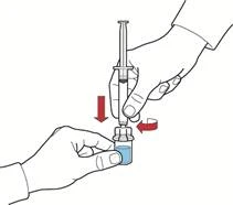 One hand holding a syringe inserting the needle into a medication ampoule, the other hand holding the ampoule, red arrows show the direction of plunger movement and ampoule opening