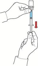 One hand holding a syringe with a needle, the other hand pressing the plunger to draw liquid from an ampoule into the syringe, a red arrow indicates the pressing direction