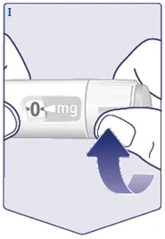 Mano impugna una penna siringa con indicazione 0 mg, l'altra mano ruota il meccanismo per impostare la dose del farmaco