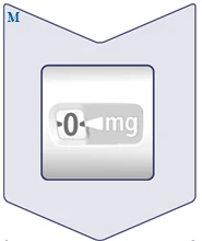 Immagine con etichetta contenente la lettera M nell'angolo superiore sinistro e il valore 0 mg al centro, che indica la dose zero del farmaco