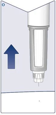 Pluma inyectable con flecha hacia arriba indicada en azul, preparada para la administración del medicamento, con aguja visible y cuerpo transparente