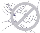 Prohibited to inject syringe into muscle, marked with a red cross, hands holding syringe and skin, illustration for medical instruction