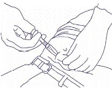 A hand holding a syringe at a 45-degree angle, inserting the needle into the muscle tissue of the arm, the other hand stabilizing the skin around the injection site